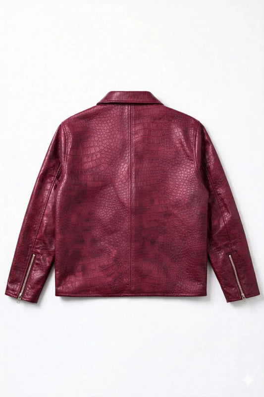 Light Burgundy Croc Embossed Leather Jacket