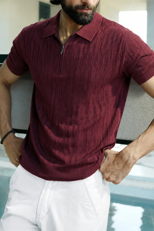 Maroon Linkstitch Flat Knit Polo