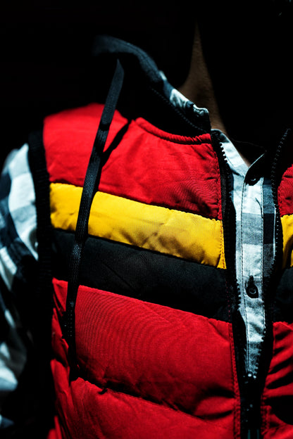 Red Tri-Stripe Puffer Jacket – Bold Winter Essential