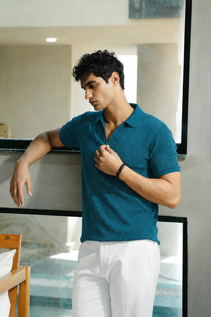 Teal Chevron Flat Knit Polo