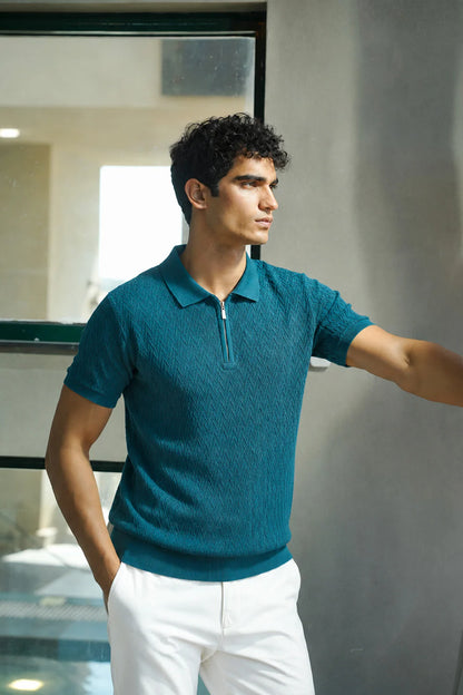 Teal Chevron Flat Knit Polo