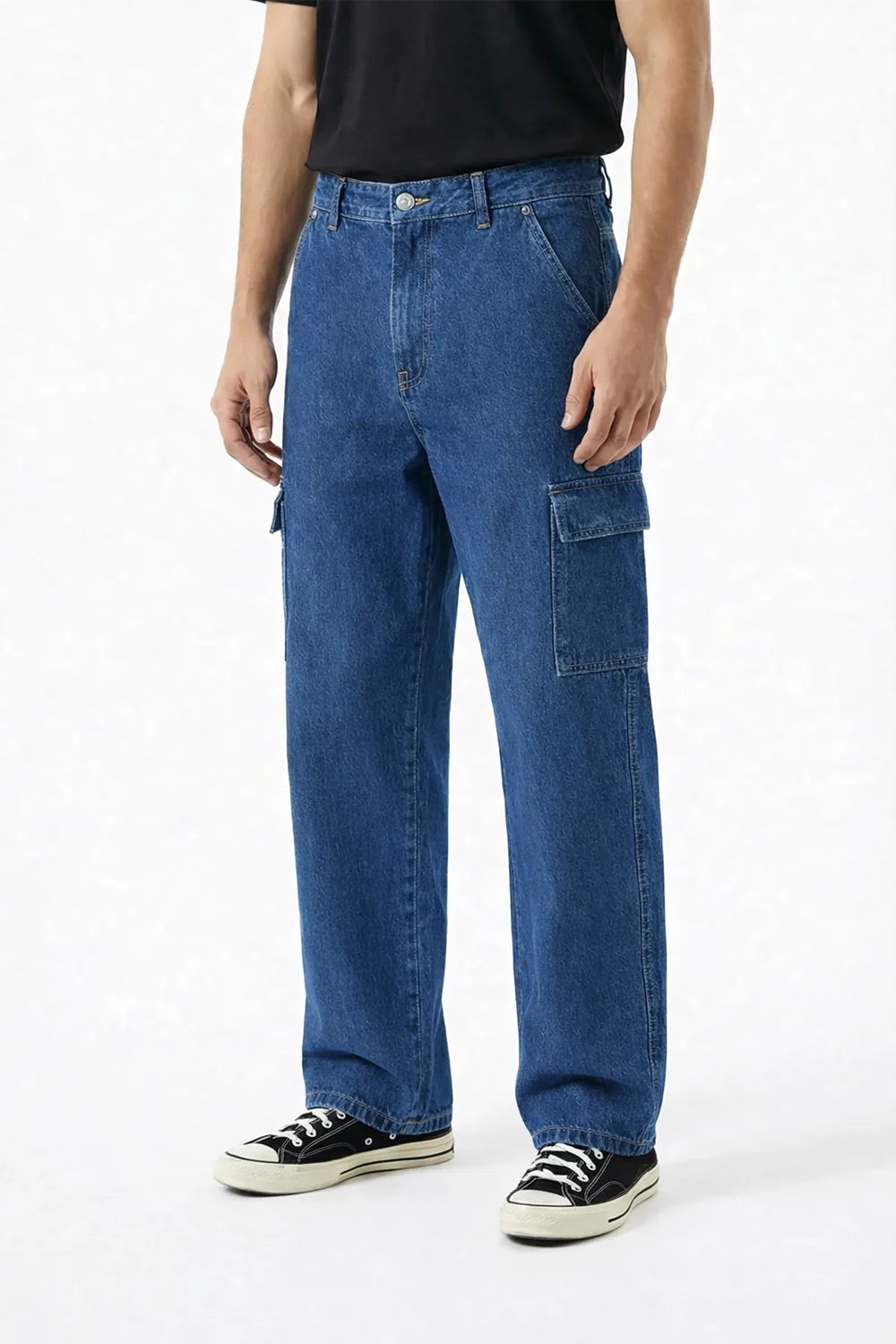 Straight Fit Mid Blue Denim Cargos Jeans