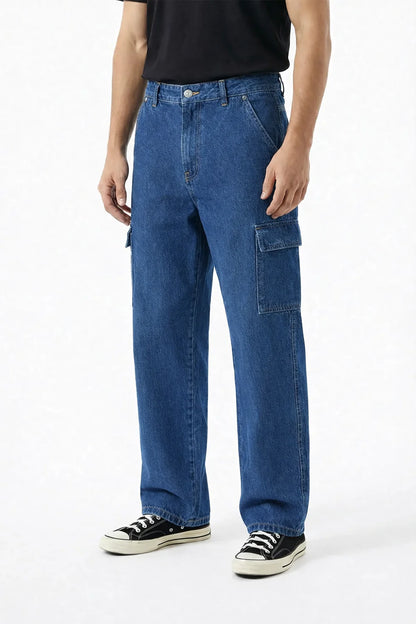 Straight Fit Mid Blue Denim Cargos Jeans