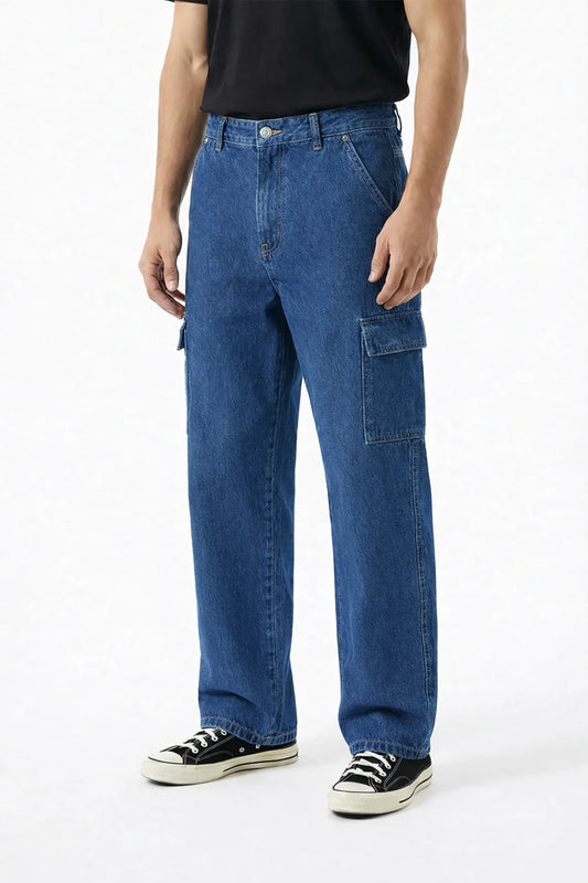 Straight Fit Mid Blue Denim Cargos Jeans