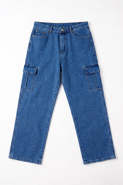 Straight Fit Mid Blue Denim Cargos Jeans