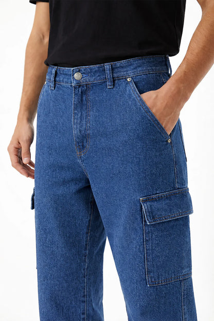 Straight Fit Mid Blue Denim Cargos Jeans