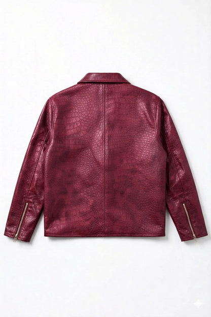 Light Burgundy Croc Embossed Leather Jacket