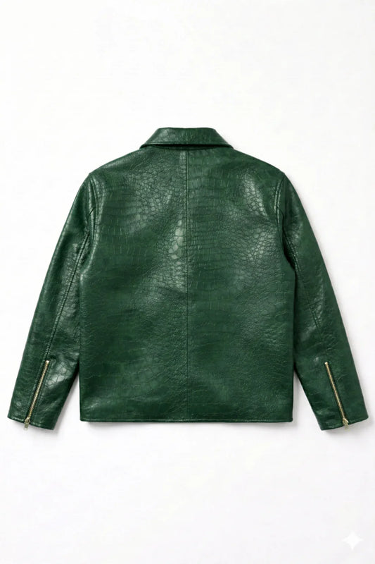 Dark Green Croc Embossed Leather Jacket