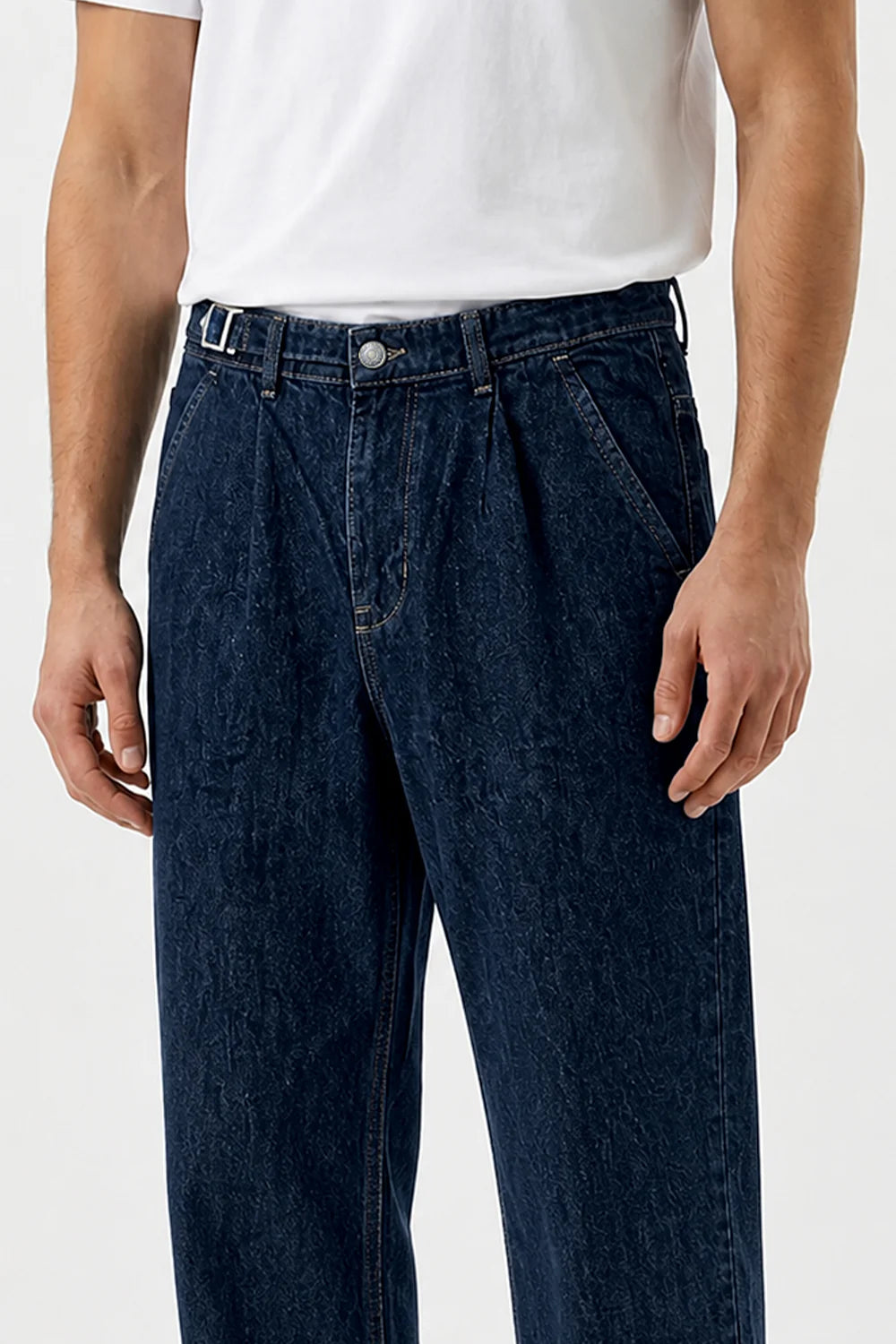 Dark Blue Pleated Gurkha Denim Jeans