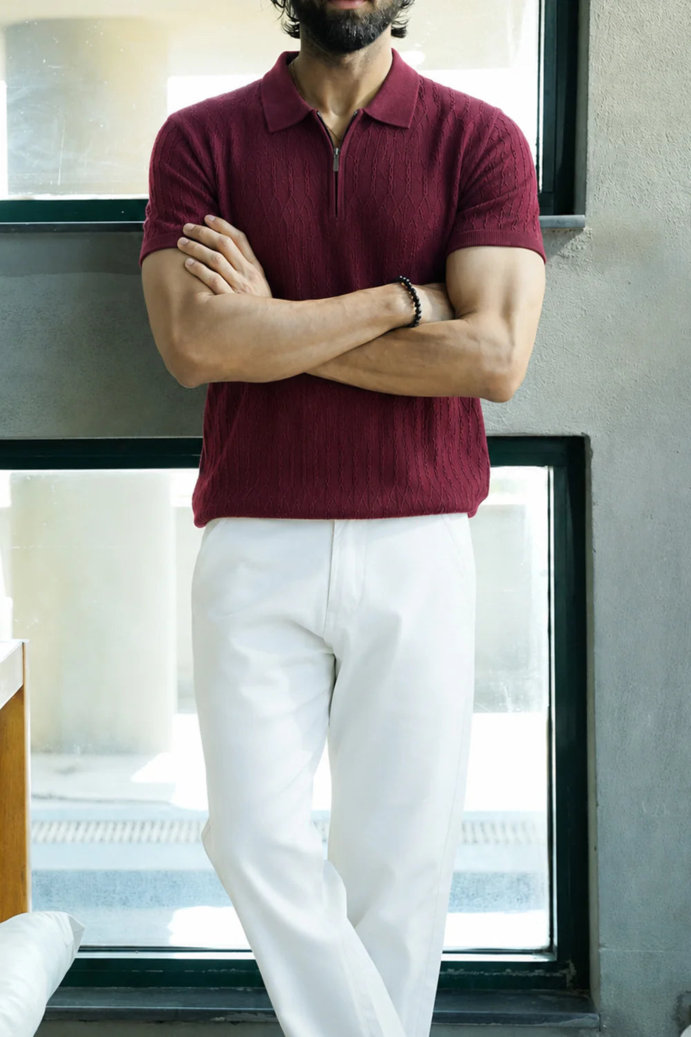 Maroon Linkstitch Flat Knit Polo