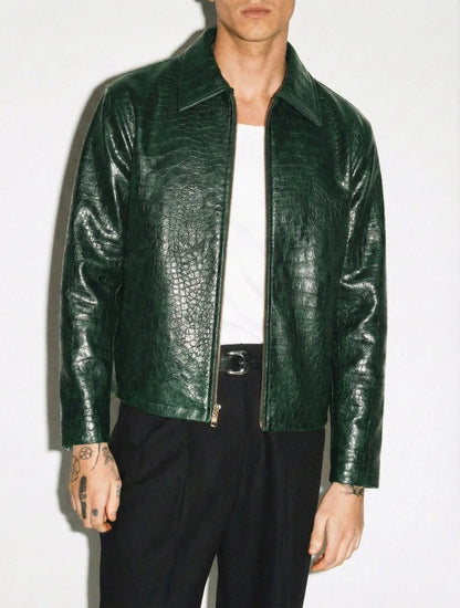 Dark Green Croc Embossed Leather Jacket