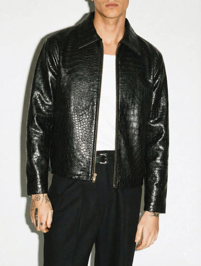 Black Croc Embossed Leather Jacket