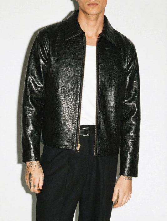 Black Croc Embossed Leather Jacket