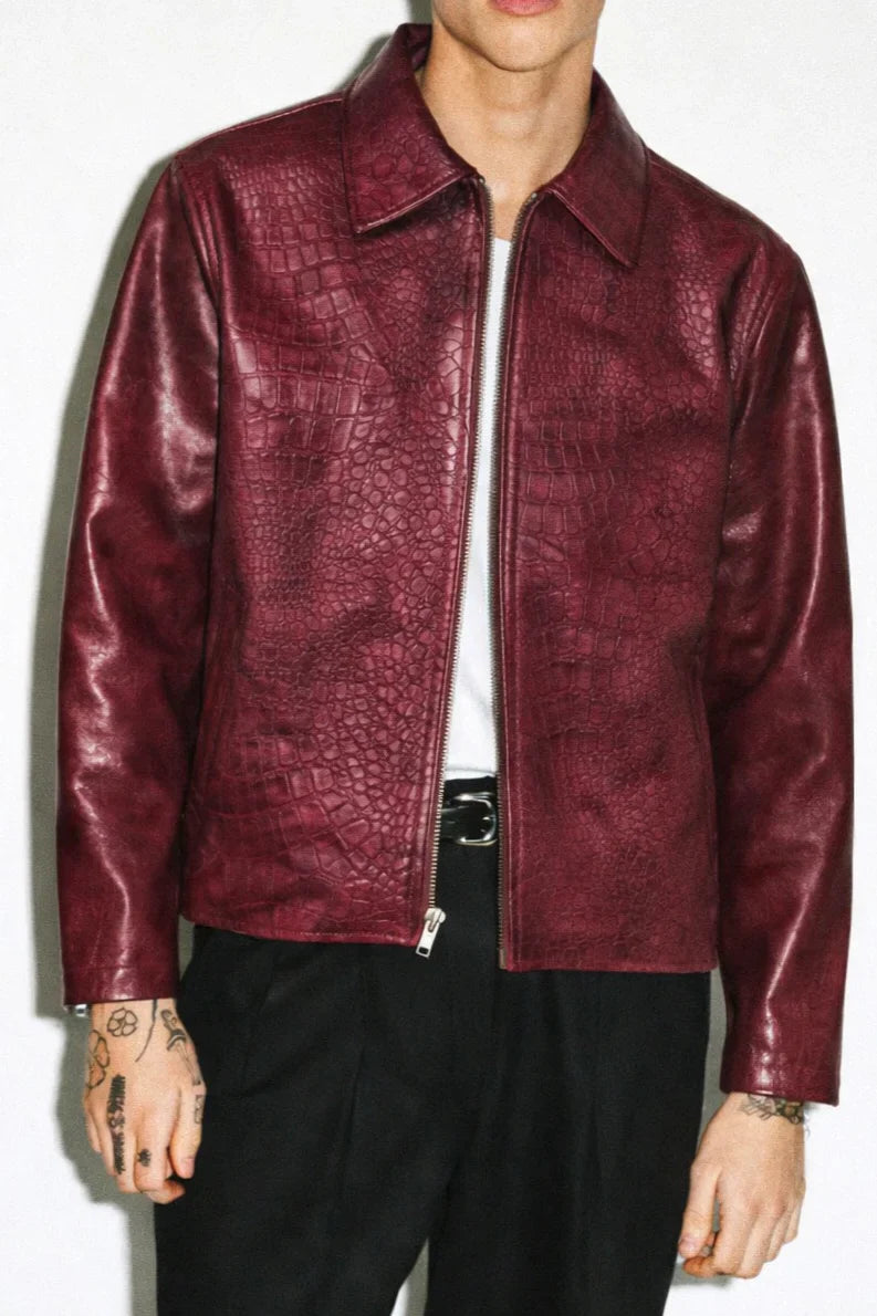 Light Burgundy Croc Embossed Leather Jacket