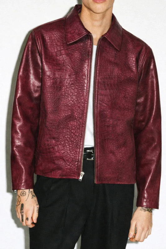 Light Burgundy Croc Embossed Leather Jacket