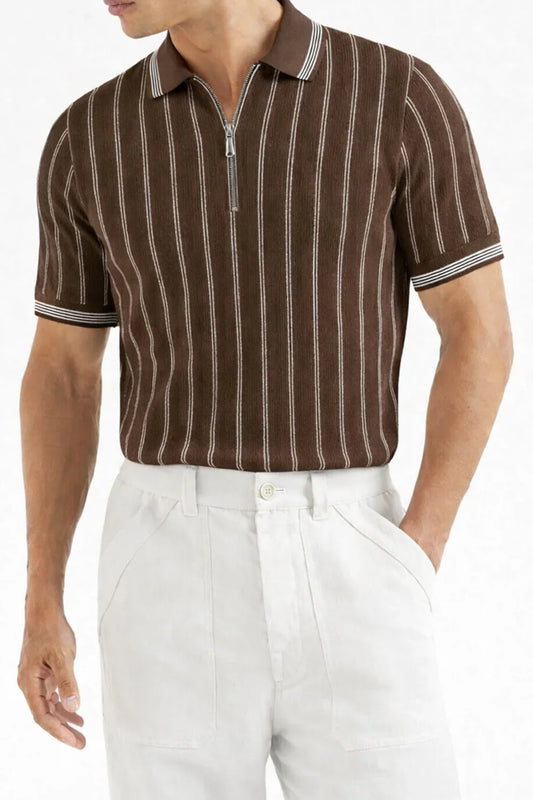 Brown Jacquard Zipper Polo