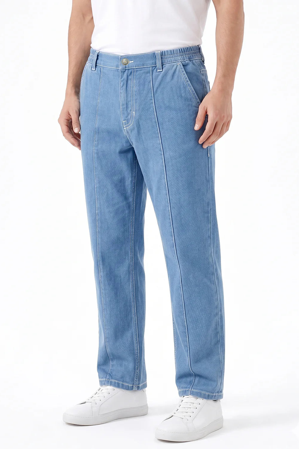 French Terry Light Blue Pleated Denim Jeans