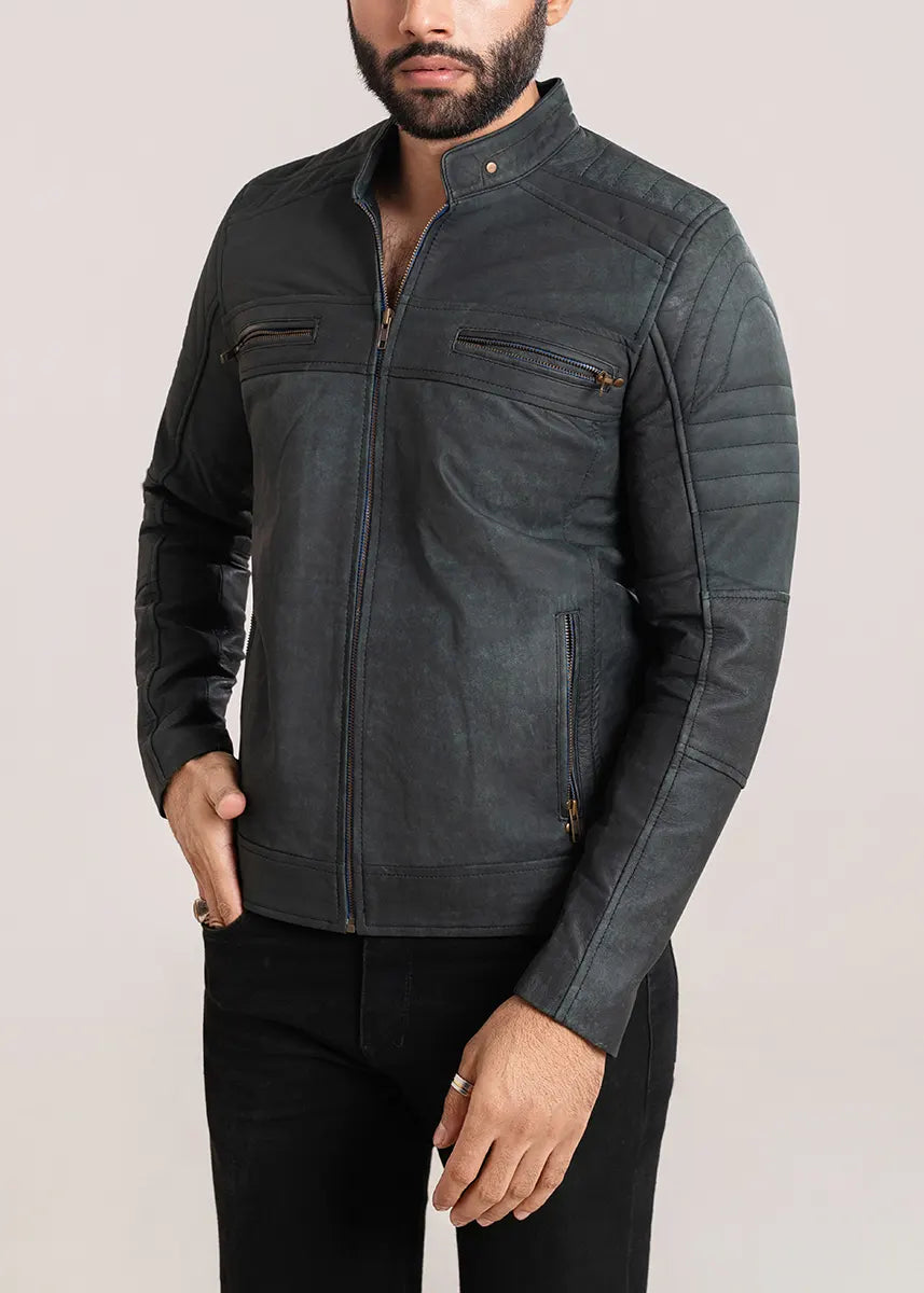 Grey Cafe Racer Leather Biker Jacket