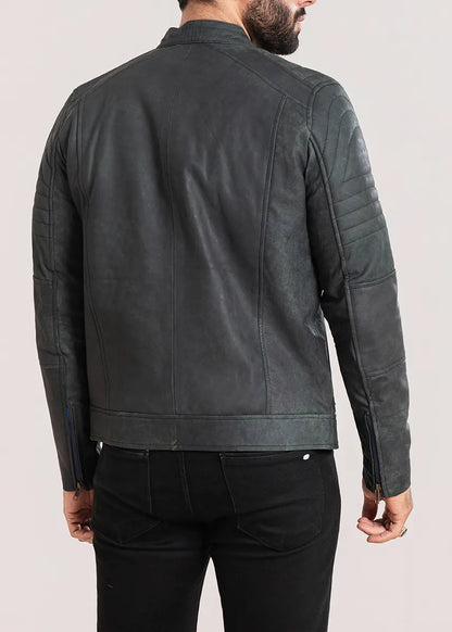 Grey Cafe Racer Leather Biker Jacket
