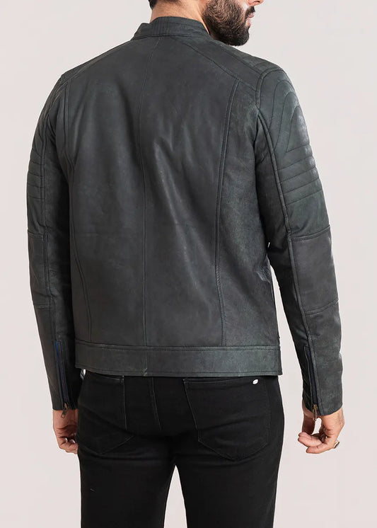Grey Cafe Racer Leather Biker Jacket