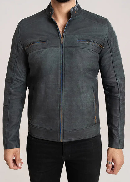 Grey Cafe Racer Leather Biker Jacket
